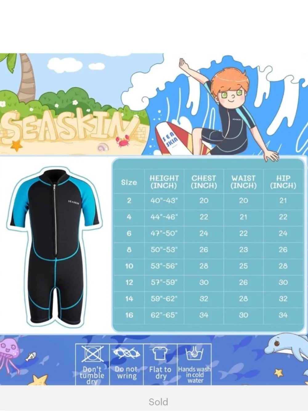 SEASKIN Black & Blue Kids Size 10 Shorty Wetsuit Surf Summer Swim Dive Snorkle